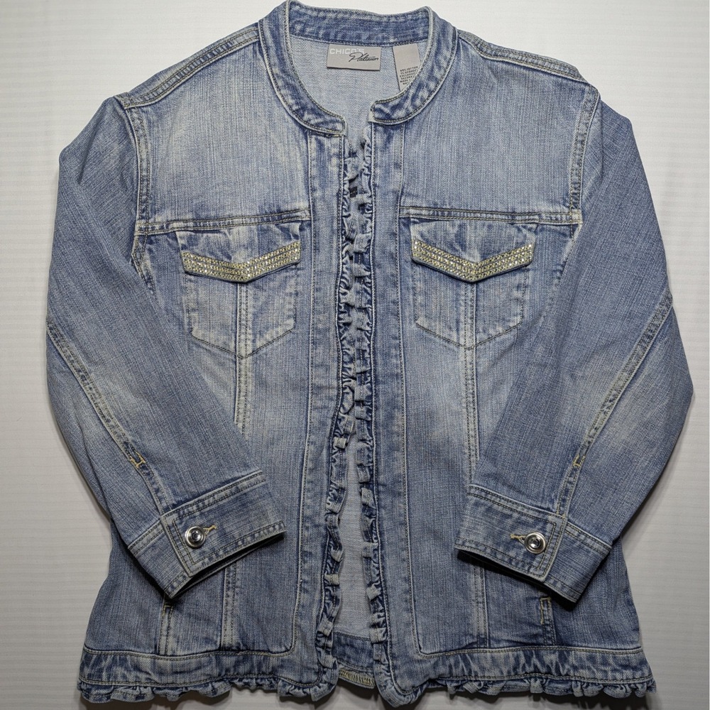 Y2K Ruffle Denim Jacket Light Wash Studded Feminine Soft Girl Chic